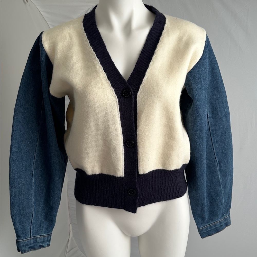 Gracia navy blue and cream denim balloon sleeve button front cardigan sweater